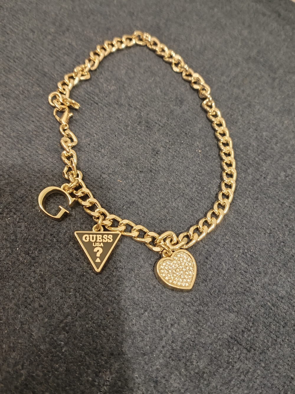 GUESS Gold-Tone Chain Bracelet with Pave Heart & Logo Charms